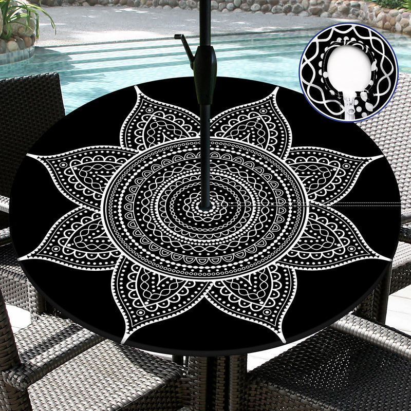 Outdoor Tablecloth with Umbrella Hole Waterproof Polyester Round Fitted Tablecloth with Elastic Zippered Table Cloth Round Cover for Picnic Party (Black 45-52)